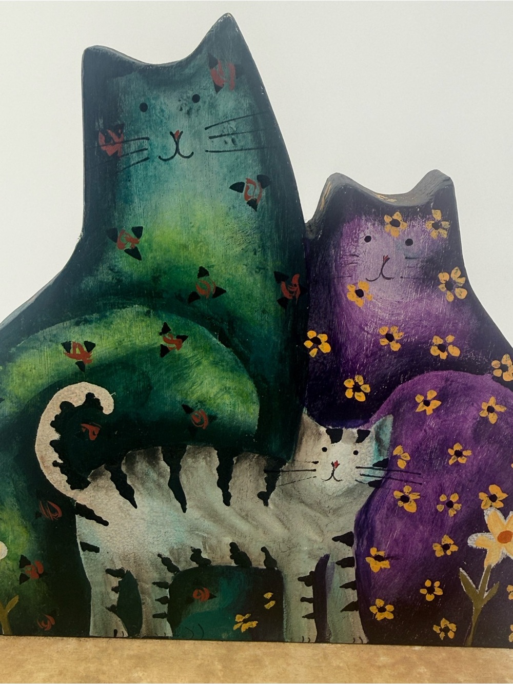 Hand-Painted Cat Figurine Set - Green & Purple